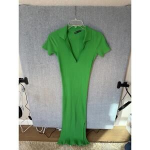ZARA Midi Ribbed Dress Green with Collar Size Small